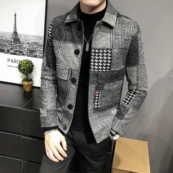 2024 Hombre, корейская повседневная мужская куртка с отстрочкой, тонкое модное теплое пальто в клетку с длинными рукавами и карманами для джентльмена, S-3XL