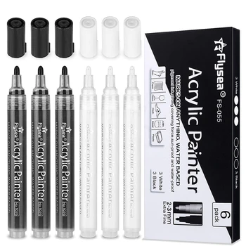 3 Черных и 3 Белых маркера для рисования, Акриловые ручки с наконечником 2 мм, для наскальной живописи, наборы акриловых красок на водной основе