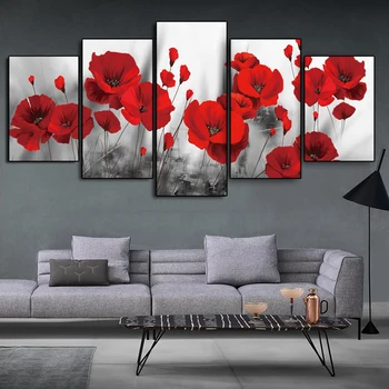 5 плоскостей Абстрактного красного цветка, холст, Комбинированные Абстрактные плакаты с красным маком и принты, Настенная художественная картина для гостиной