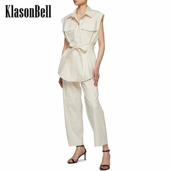 6.10 Модные наплечники KlasonBell с поясом, рубашка со сборкой на талии или комплект широких брюк для женщин