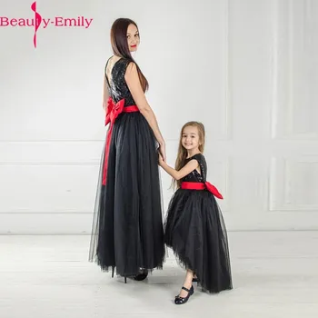 Beauty-Emily/ Платья без рукавов с цветочным узором для девочек с бантом, Элегантный ремешок, тюлевые платья для выпускного вечера, праздничное платье для мамы и дочки на молнии сзади