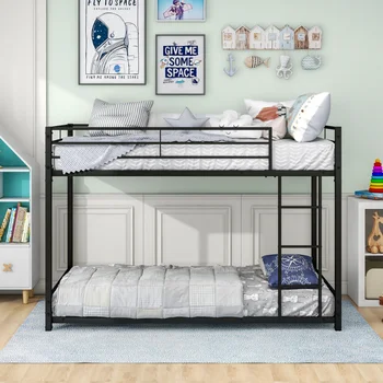 [Flash Deal] Двухъярусная кровать с защитным барьером Сверхпрочный Дизайн, экономящий пространство, Легко монтируется, черный, легко хранится [На складе в США]