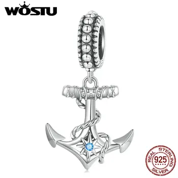 WOSTU Стерлинговое серебро 925 пробы, корабельный якорь, Подвесная бусина с голубой звездой, Циркон для женщин, Подходящий браслет, Ожерелье, Оригинальный Ювелирный подарок