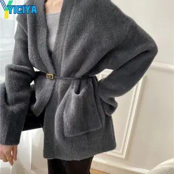 YICIYA Кашемировый кардиган из искусственной норки, свитер, Свободная зимняя одежда, Женское пальто с длинным рукавом, толстая теплая вязаная верхняя одежда, топ