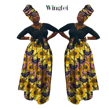 Африканская юбка-бал в стиле Дашики с высокой Талией, Африканская юбка Bazin Riche и Африканский головной Платок, 2 предмета, Женская Длинная юбка Макси WY1270