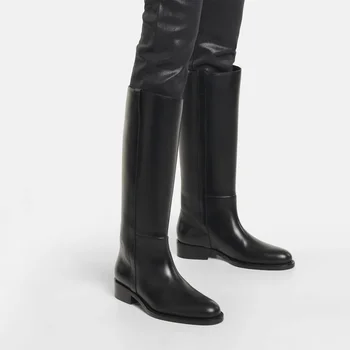 брендовые дизайнерские женские сапоги до колена из мягкой коровьей кожи, теплые ботинки на среднем толстом каблуке, мотоциклетные ботинки в стиле панк, женские высокие сапоги