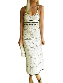 Женская одежда 2023, Полосатое платье Макси без рукавов на бретельках-спагетти и с V-образным вырезом, идеально подходящее для летних пляжных вечеринок