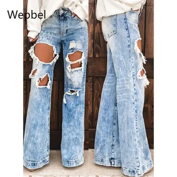 Женские джинсы WEPBEL с дырками, Рваные Джинсы с высокой посадкой, Летние модные Женские джинсовые широкие брюки