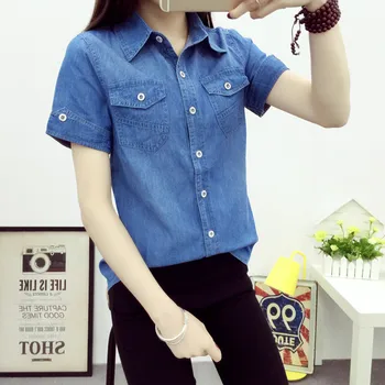 Женские рубашки в корейском стиле, Летние повседневные джинсовые рубашки с коротким рукавом