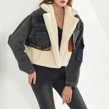 Женское пальто из овечьей шерсти, новый фонд 2022 года, зимняя цветная прострочка, свободная, утолщенная повседневная женская джинсовая рубашка