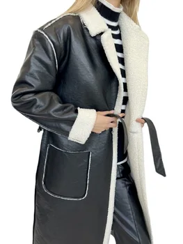 Зимняя теплая куртка из искусственной кожи, женское тонкое кожаное пальто, Модное длинное женское кожаное пальто из плотного бархата с сердечником от уличного фонаря