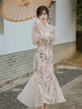 Китайское платье Cheongsam 2023, модифицированное в ретро-стиле, с короткими рукавами и принтом, высококлассный элегантный темперамент, для похудения Qipao Chi-pao