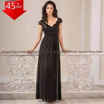 Классическое черное платье для матери Невесты, Длинный рукав-кепка, V-образный вырез, аппликация из блесток, Длинное Вечернее платье для Женщин, Свадебное платье для гостей