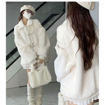 Корейская милая белая куртка с отложным воротником, Женские зимние хлопковые куртки из овечьей замши на пуговицах, Свободные универсальные пальто с длинными рукавами