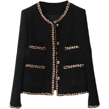 Короткая куртка из твида во французском стиле, женская осенняя верхняя одежда из золотистой шерсти с небольшим запахом и круглым вырезом
