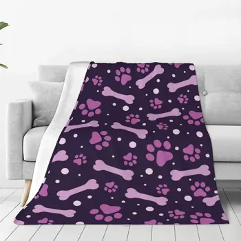 Милые фиолетовые бархатные одеяла с принтом лапы, одеяло с костями животных для дома, легкое одеяло на открытом воздухе