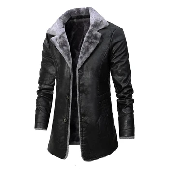 Мужская толстая флисовая кожаная куртка, мужская зимняя мода средней длины, винтажные пальто из искусственной кожи, Мужская Высококачественная повседневная куртка из искусственной кожи