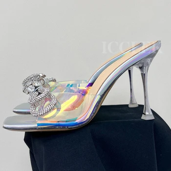 Новые женские Шлепанцы; Коллекция 2023 года; Летние Туфли-лодочки с украшением в виде кристаллов и Бабочек; Эффектные женские туфли-лодочки на высоком Каблуке