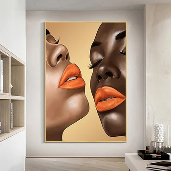 Оранжевые губы Женщины Картина на холсте Чернокожие женщины Художественные плакаты и принты Современные картины для украшения дома Настенные росписи в гостиной