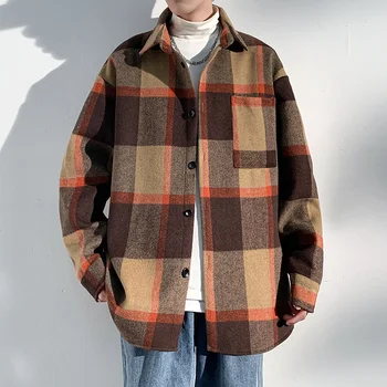 Осеннее Шерстяное Пальто Для Мужчин, Модная Шерстяная куртка в клетку в стиле Ретро, Мужская Уличная Одежда, Свободное Короткое Шерстяное Пальто Для Мужчин, Большие Размеры M-5XL