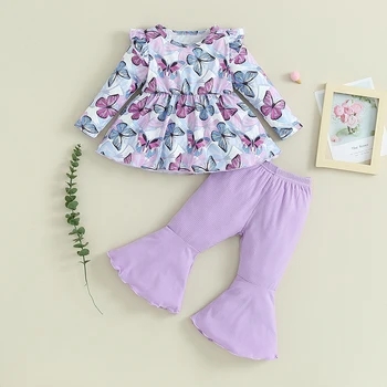 Осенняя одежда из 2 предметов для маленьких девочек, пуловер с длинными рукавами и принтом Бабочки, Топы + расклешенные брюки в рубчик, Комплект Весенней одежды для малышей