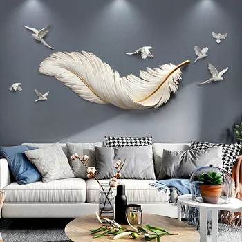 Современная минималистичная гостиная, диван, фоновое украшение стены, крыльцо, легкое роскошное украшение из перьев, висящее на стене по фен-шуй