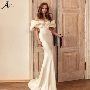 Современное простое атласное свадебное платье Русалки с открытыми плечами, декольте в виде сердечка, Платья Невесты, Белое Свадебное платье Vestido De Novia