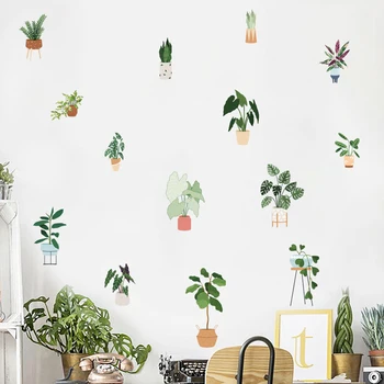 Современные ботанические комнатные растения, зеленые листья, наклейка на стену в горшке, виниловые съемные наклейки 