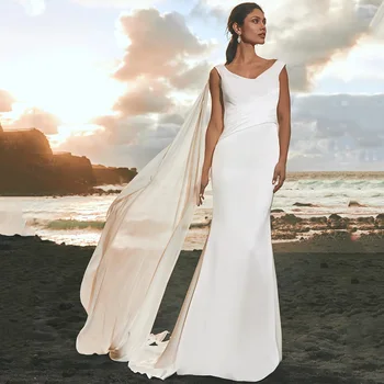 Элегантное свадебное платье в стиле Русалки с V-образным вырезом, без рукавов, Плиссированное, шифоновое, плавающее, длина невесты до пола, Простое свадебное платье на побережье