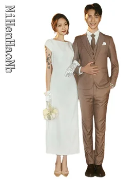Элегантные свадебные платья с открытой спиной из Белой атласной ткани с коротким рукавом 2023 Свадебное платье